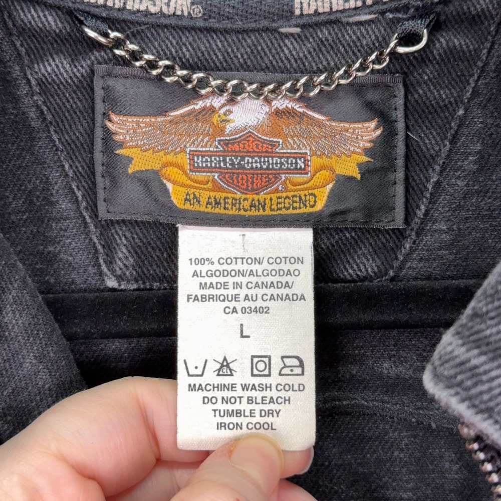 Harley-Davidson Jacket Womens L Faded Black Denim Zip Biker Winged Logo Rugged - Picture 4 of 9